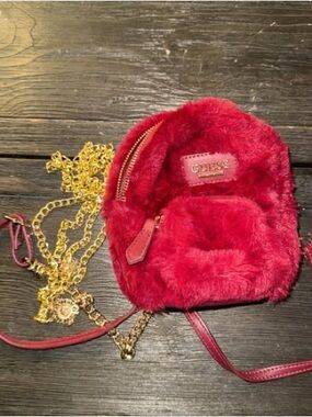 GUESS Plush Red Mini Backpack with Gold Chain